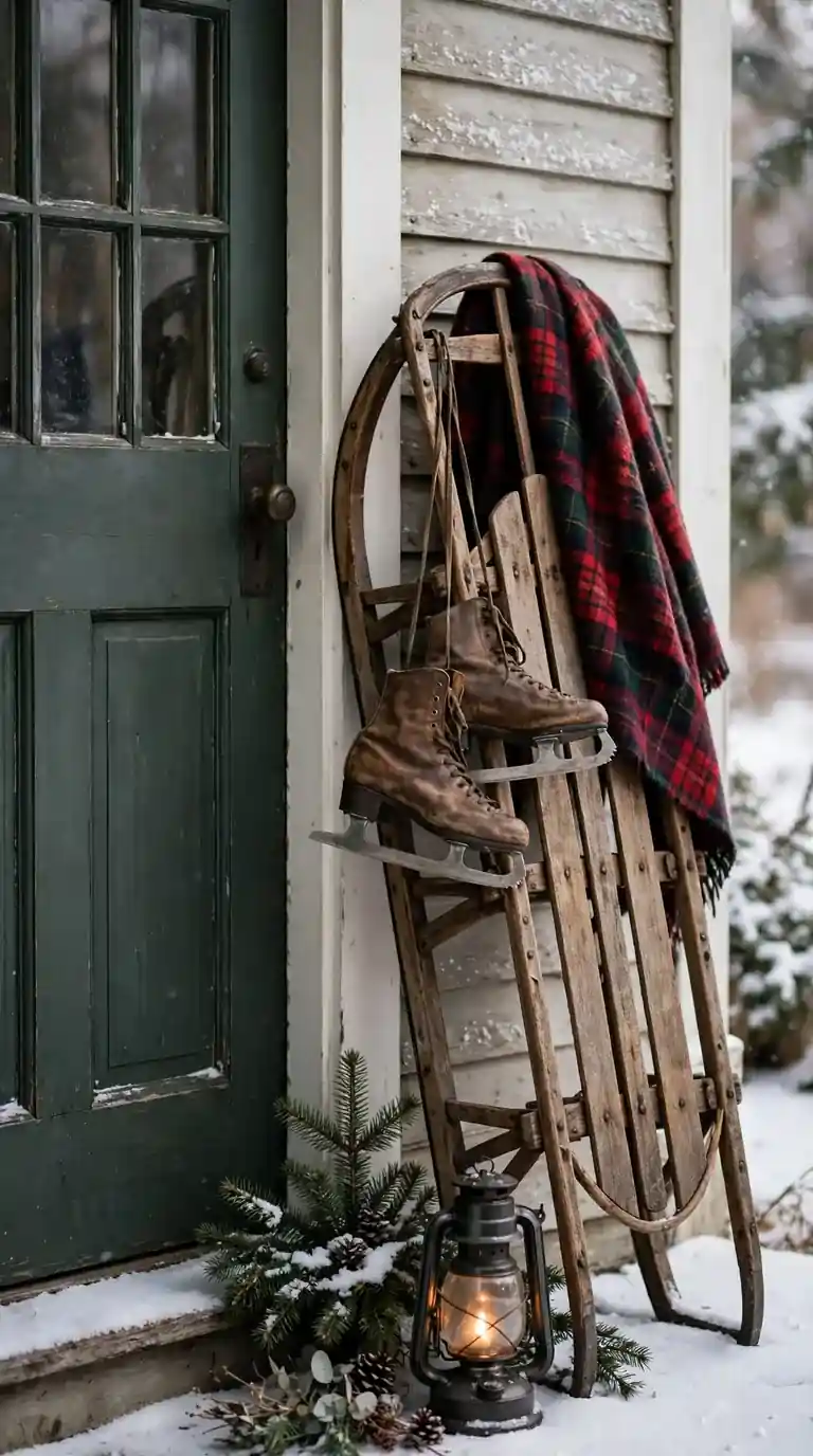 17 Christmas Front Door Decor Ideas That Welcome Guests Warmly Vintage wooden sled with ice skates and plaid scarf on Christmas porch