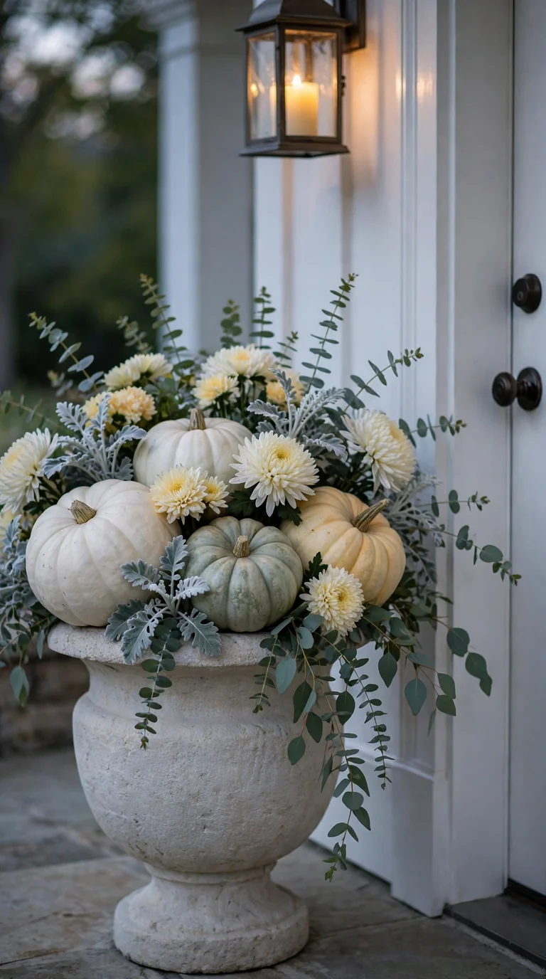 Light stone urn with white pumpkins, cream mums and silvery foliage
