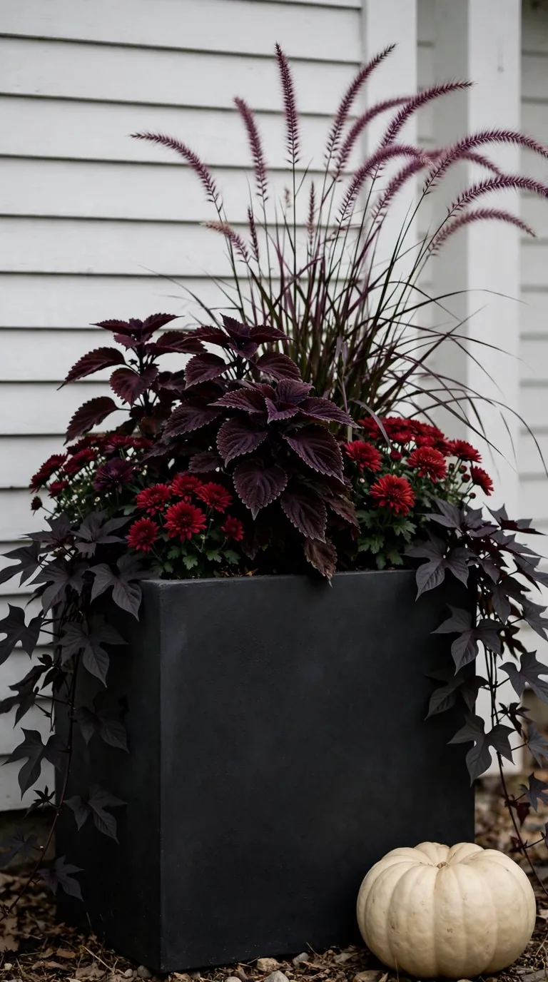 Matte black planter with burgundy coleus, purple grass and dark mums