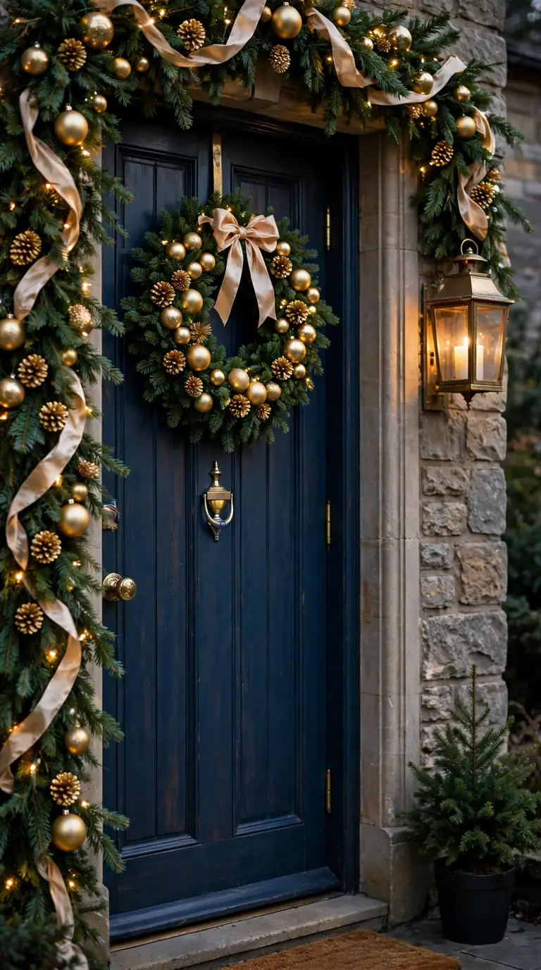 17 Christmas Front Door Decor Ideas That Welcome Guests Warmly Gold and champagne Christmas wreath and garland on elegant front door