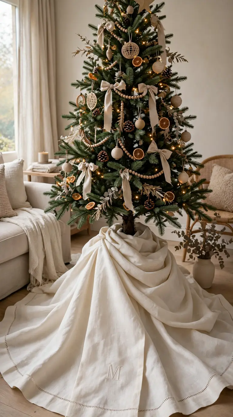 Ivory linen Christmas tree skirt with an embroidered monogram initial and hemstitch edging folded elegantly around a tree base