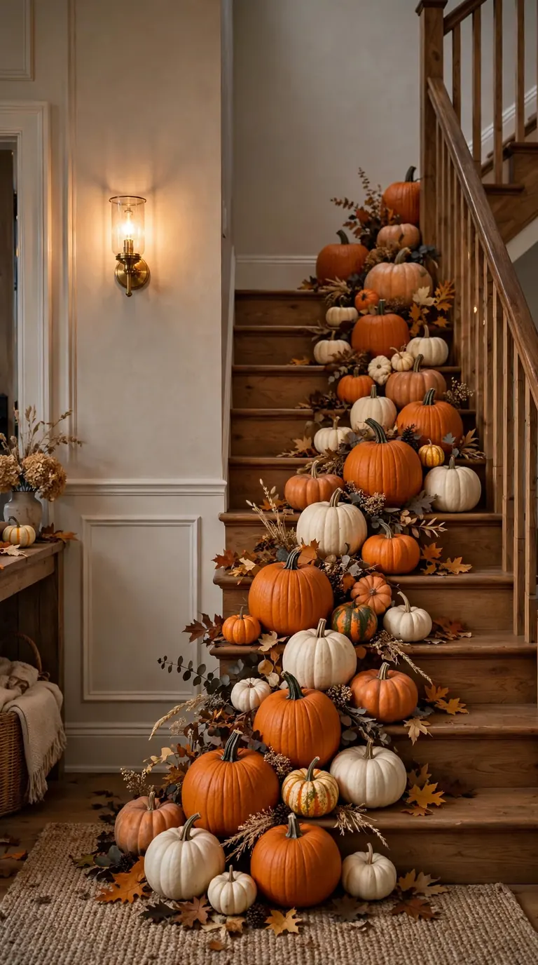 Pumpkins cascading along entryway stairs for Halloween