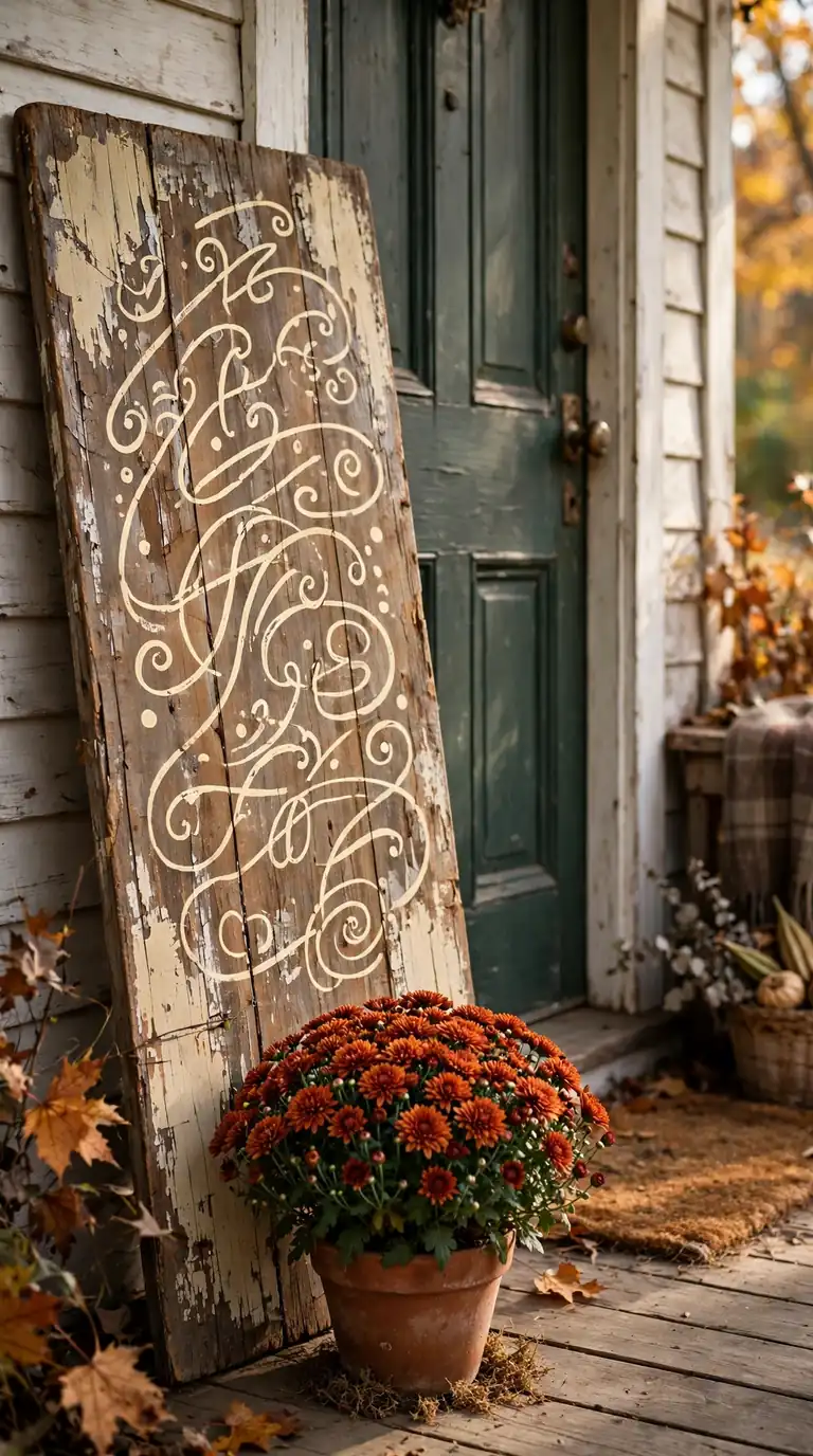 harvest porch decorations with a wooden welcome sign by the front door
