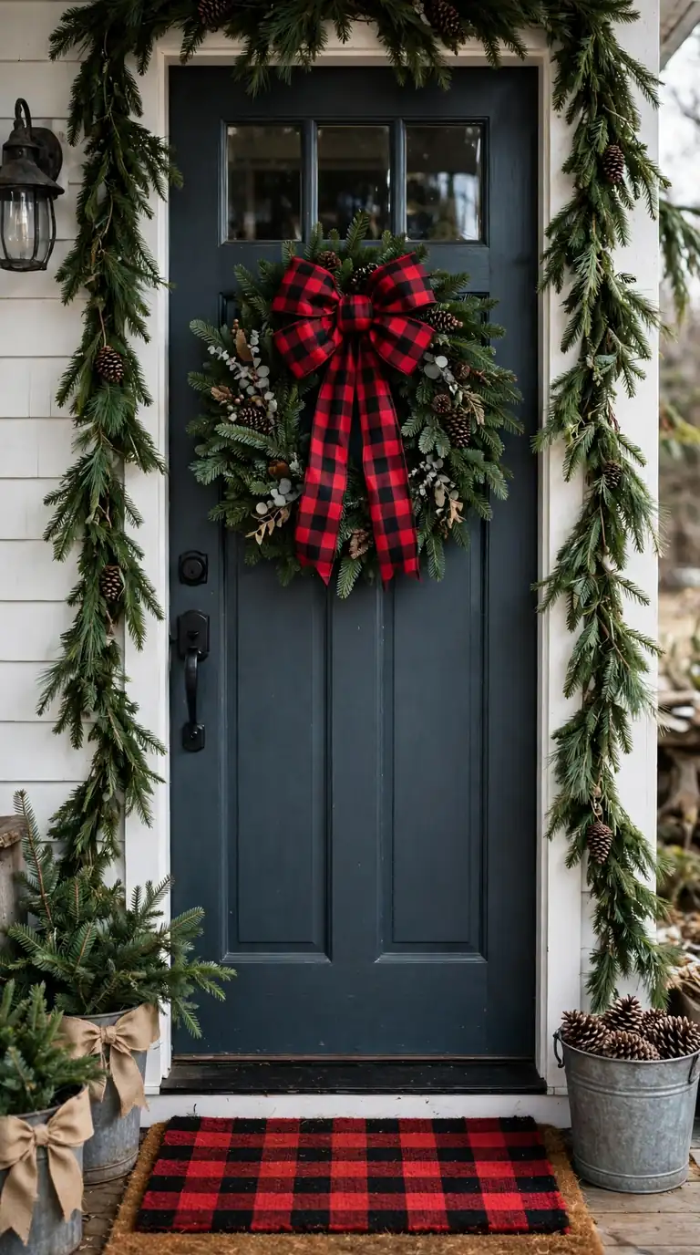 17 Christmas Front Door Decor Ideas That Welcome Guests Warmly Buffalo plaid and burlap farmhouse Christmas front door decor