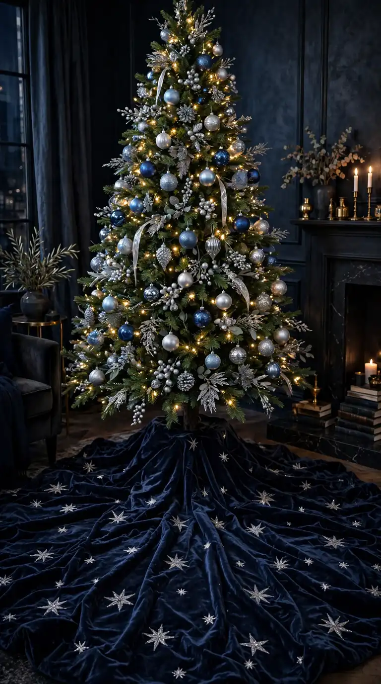 Midnight navy velvet Christmas tree skirt embroidered with silver stars beneath a tree with blue and silver ornaments at night
