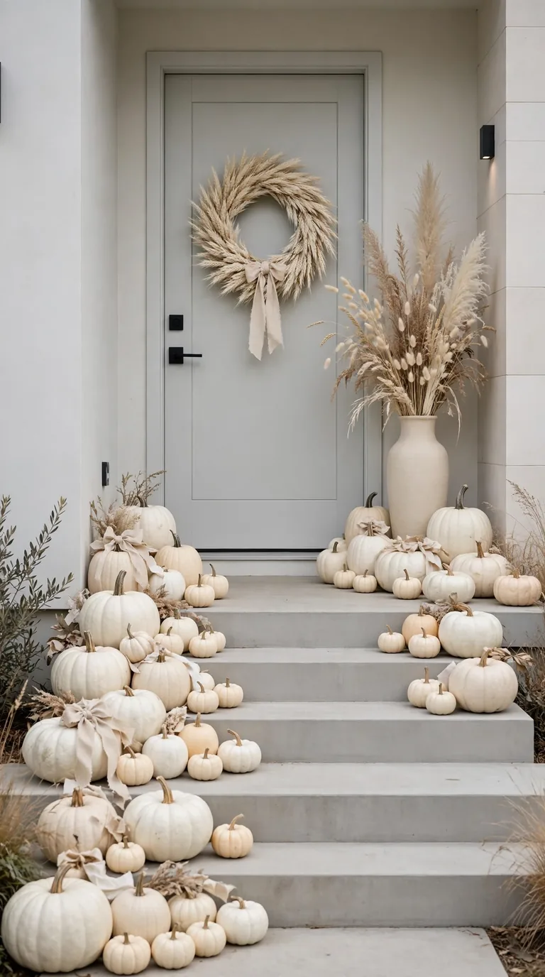 thanksgiving porch decor in an elegant neutral palette of white and cream pumpkins