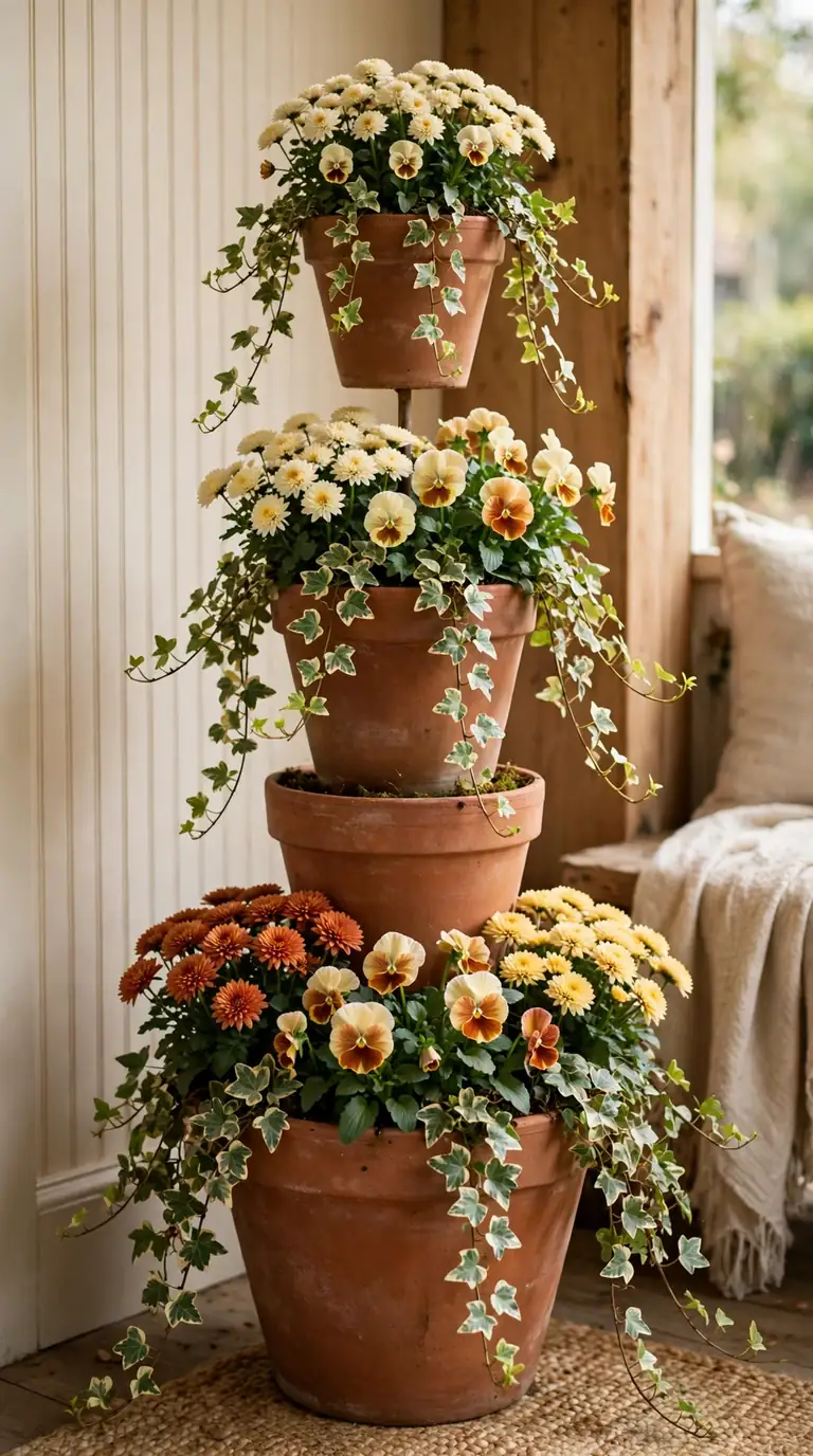 Stacked terracotta pots with mini mums, pansies and trailing ivy on a small porch