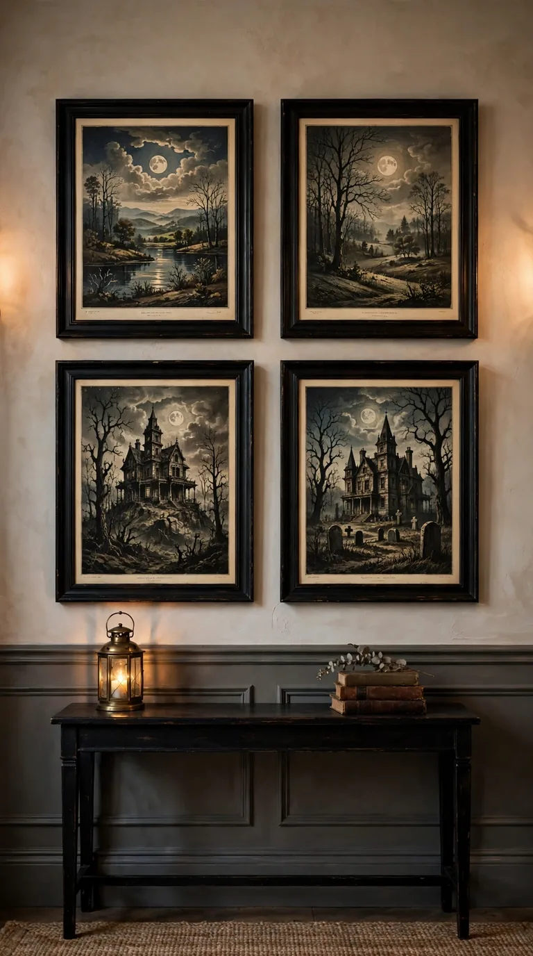 Gallery wall of vintage Halloween art prints in entryway