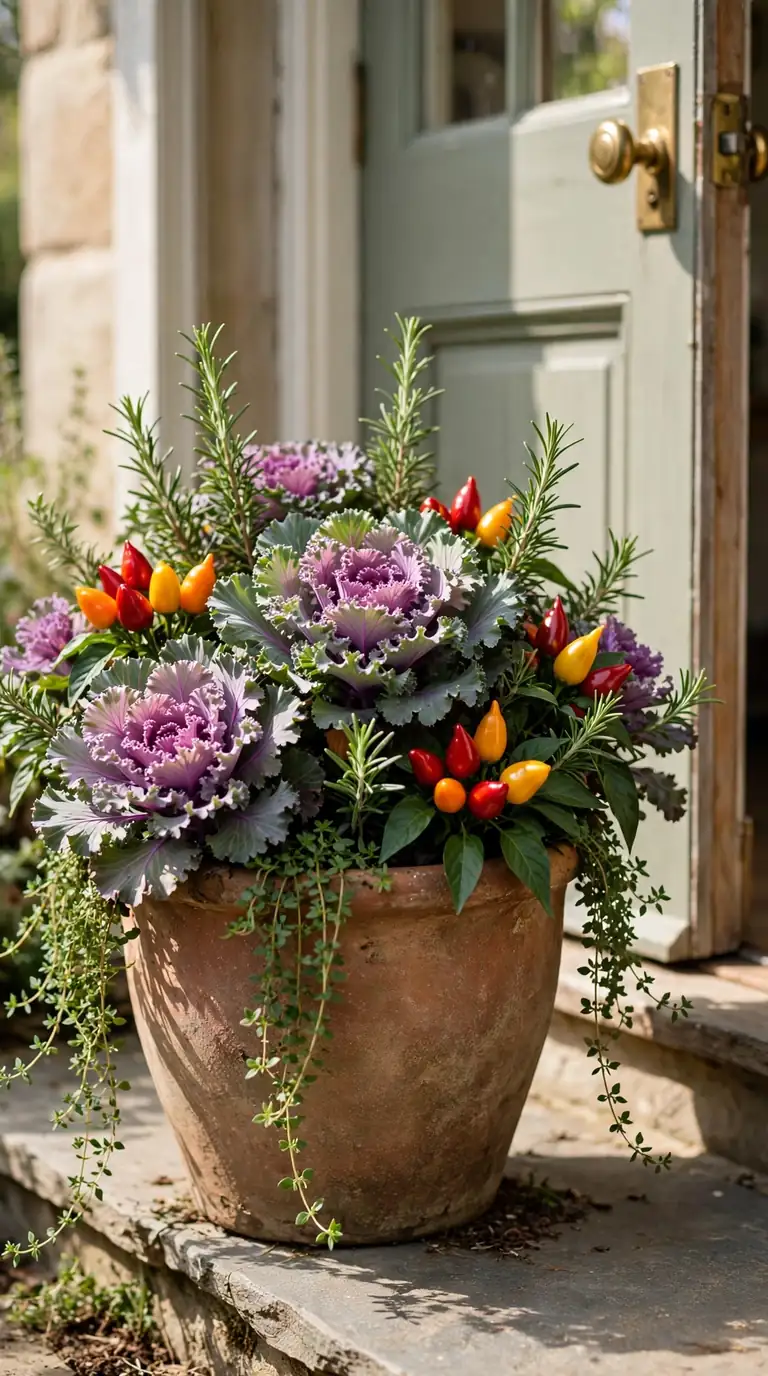 Rustic pot with ornamental kale, peppers, rosemary and thyme by a door