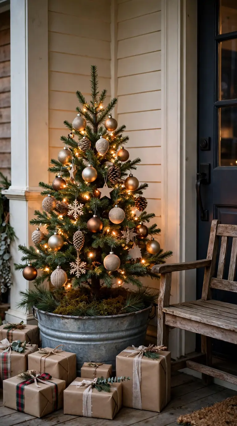 17 Christmas Front Door Decor Ideas That Welcome Guests Warmly Mini Christmas tree with wrapped gifts in porch corner by front door