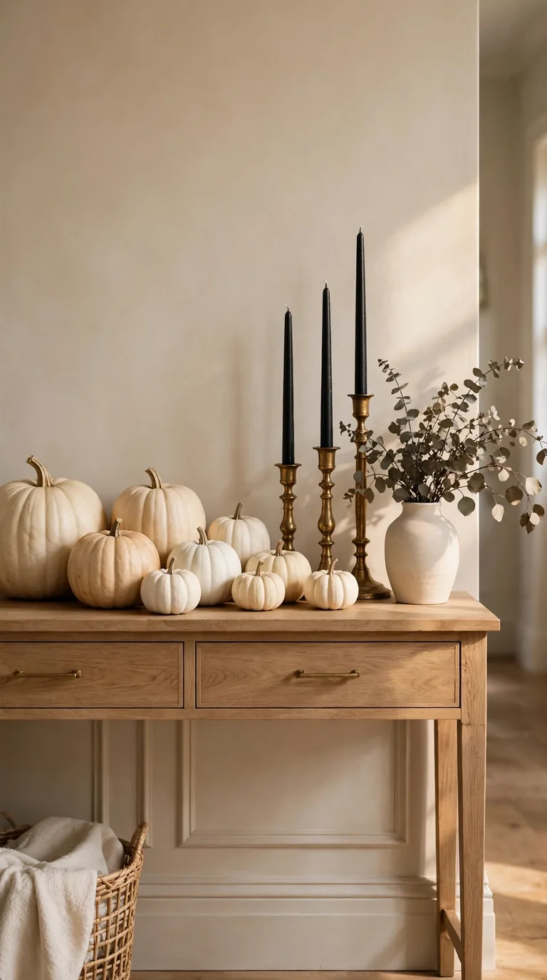 Neutral Halloween entryway with cream pumpkins and black taper candles