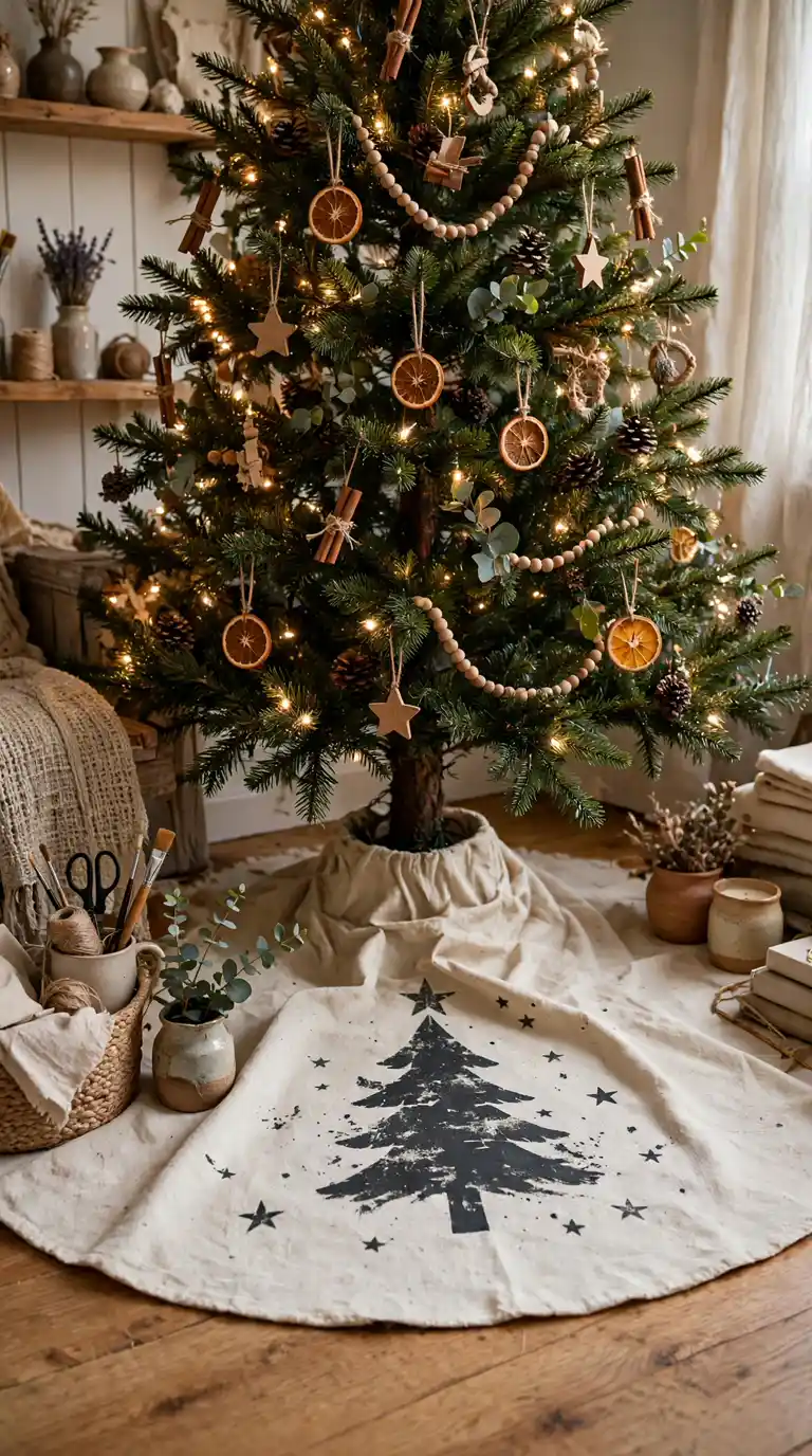 Hand stenciled canvas drop cloth Christmas tree skirt with a rustic painted tree motif laid around a decorated Christmas tree