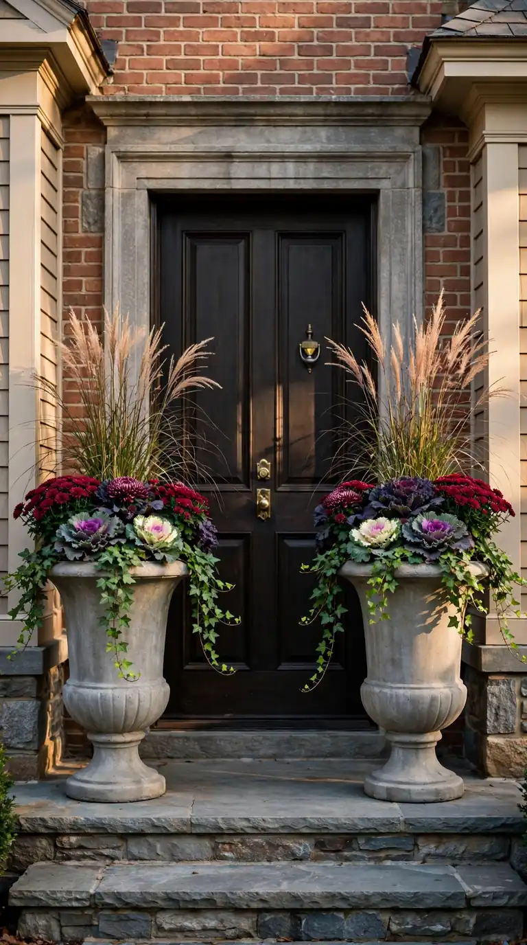 fall porch decorating ideas with large urn planters of autumn florals and grasses