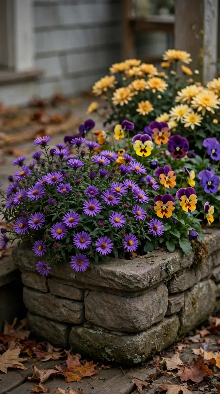 Planter with purple asters, colourful pansies and gold mums in autumn light
