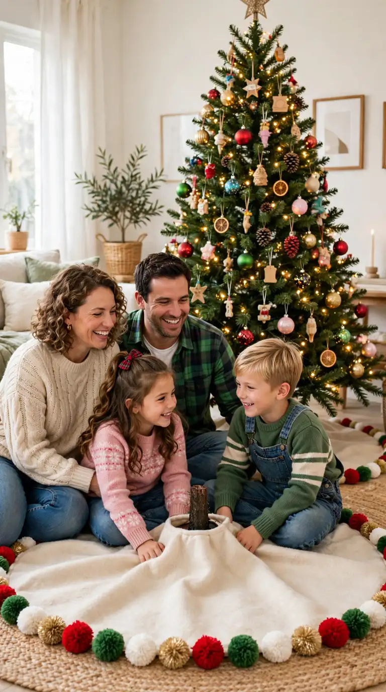 Cream felt Christmas tree skirt trimmed with colorful red green white and gold pom poms around a bright family Christmas tree