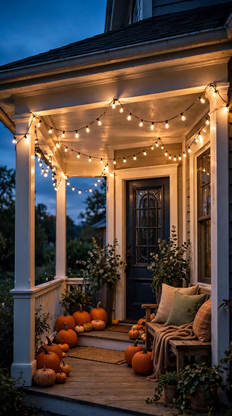 thanksgiving porch decor with warm string lights draped across the porch ceiling