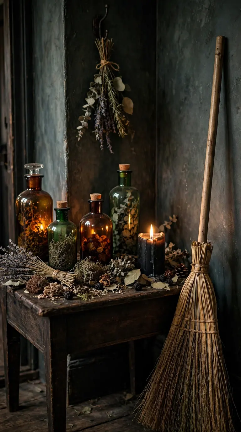 Witchy apothecary bottles and broom in Halloween entryway corner