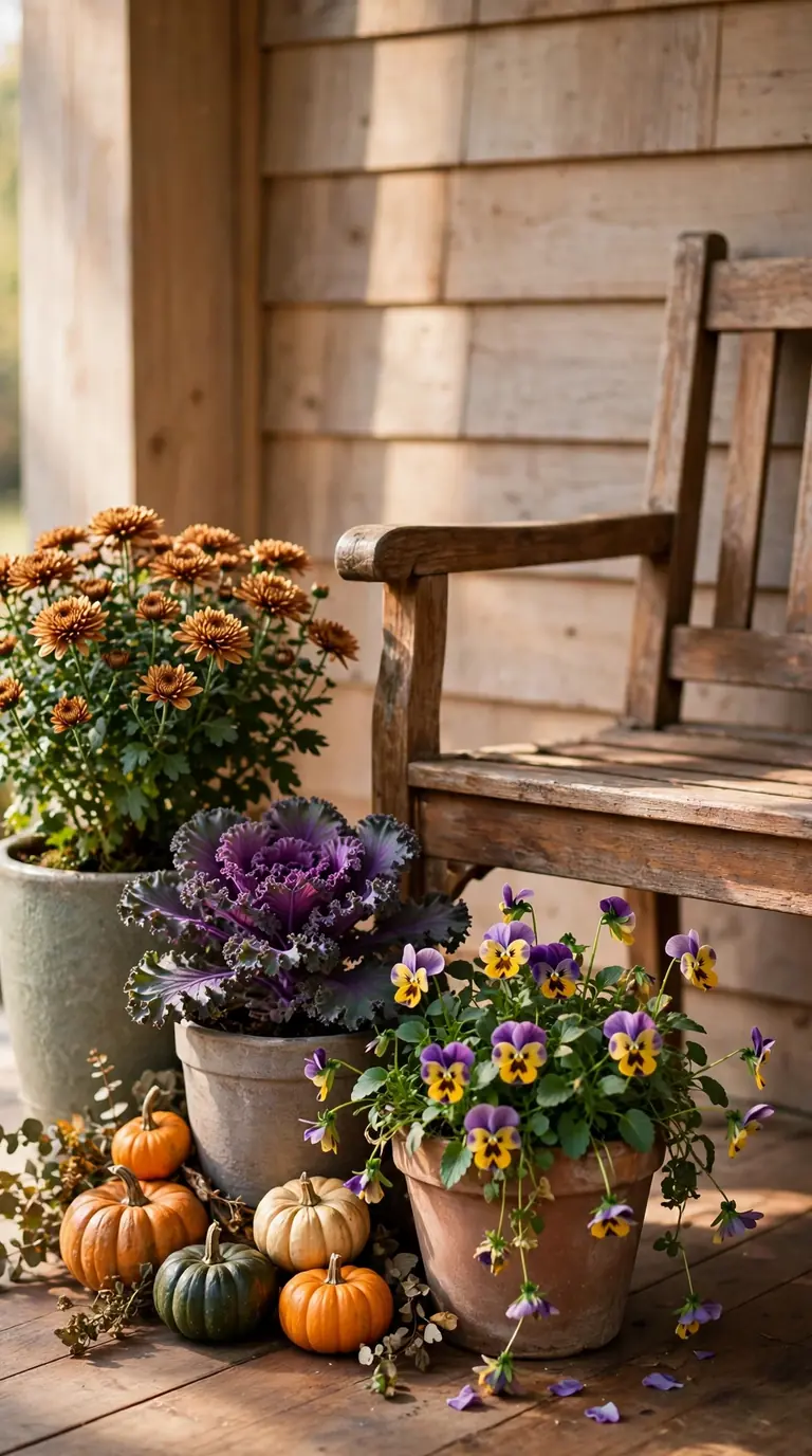 Cluster of three small pots with mums, kale and pumpkins beside a porch bench