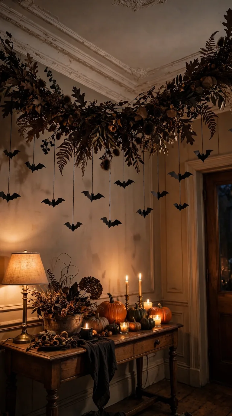Hanging Halloween garland with bats from entryway ceiling