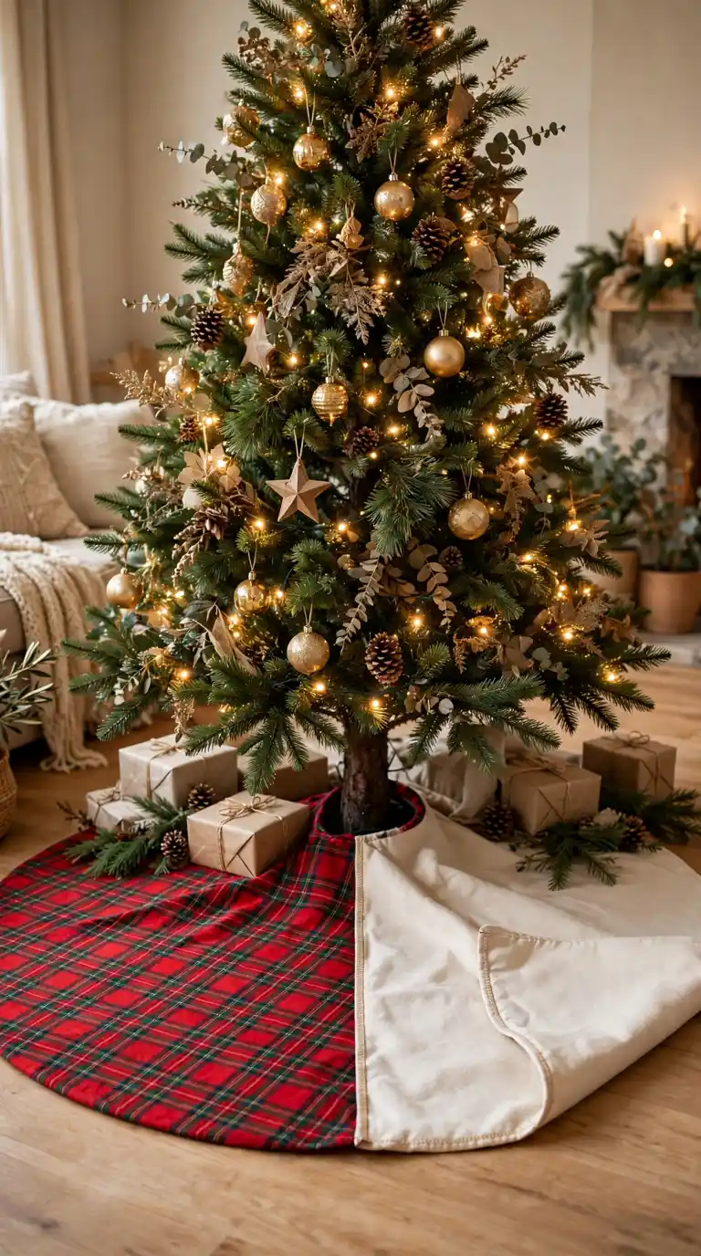 Reversible Christmas tree skirt showing red tartan plaid on one side and solid cream on the other around a decorated tree base