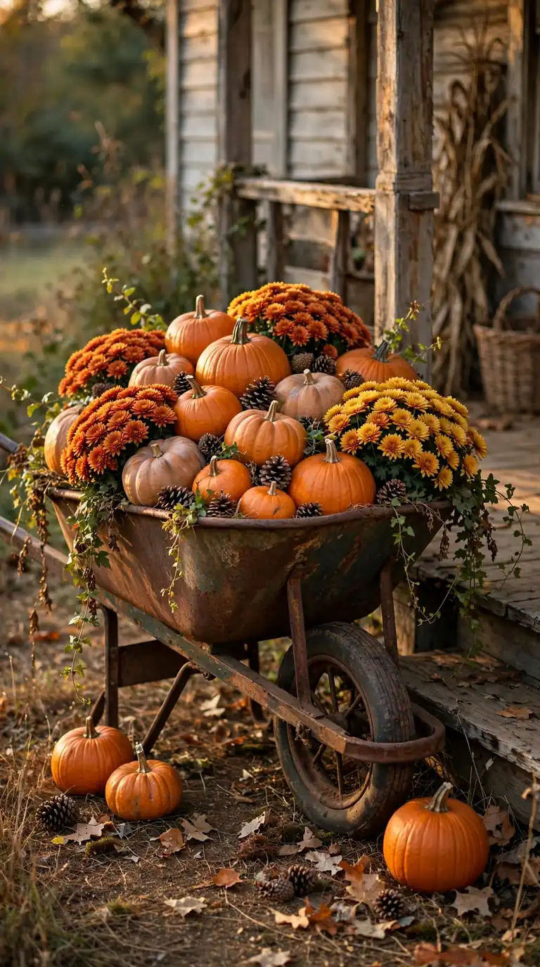 autumn porch decor ideas with a rustic wheelbarrow full of pumpkins and mums