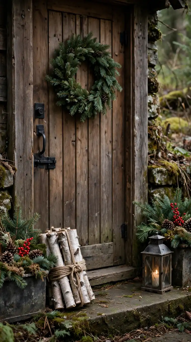 17 Christmas Front Door Decor Ideas That Welcome Guests Warmly Birch logs and pinecone planters at woodland Christmas front door