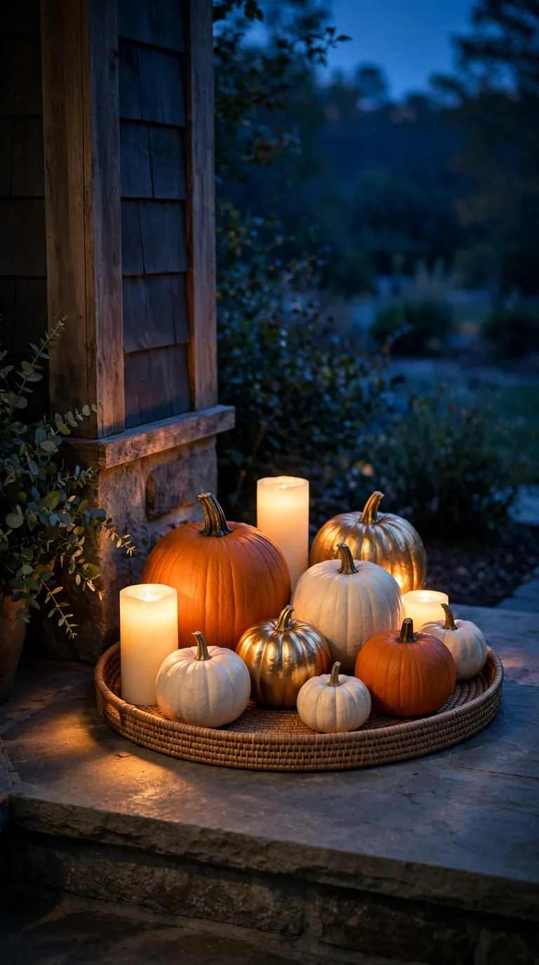 thanksgiving front porch at twilight with pumpkins and glowing pillar candles