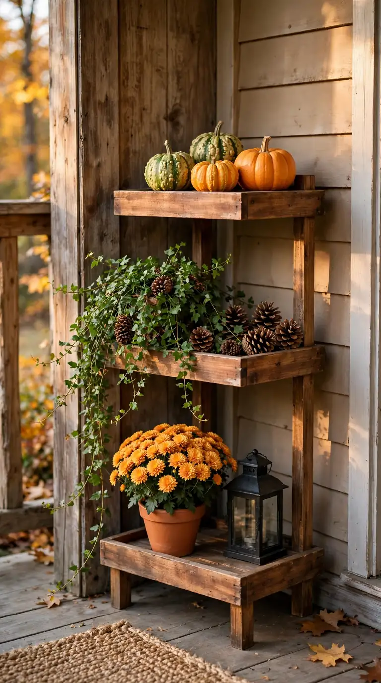 harvest porch decorations on a tiered plant stand with gourds and grasses