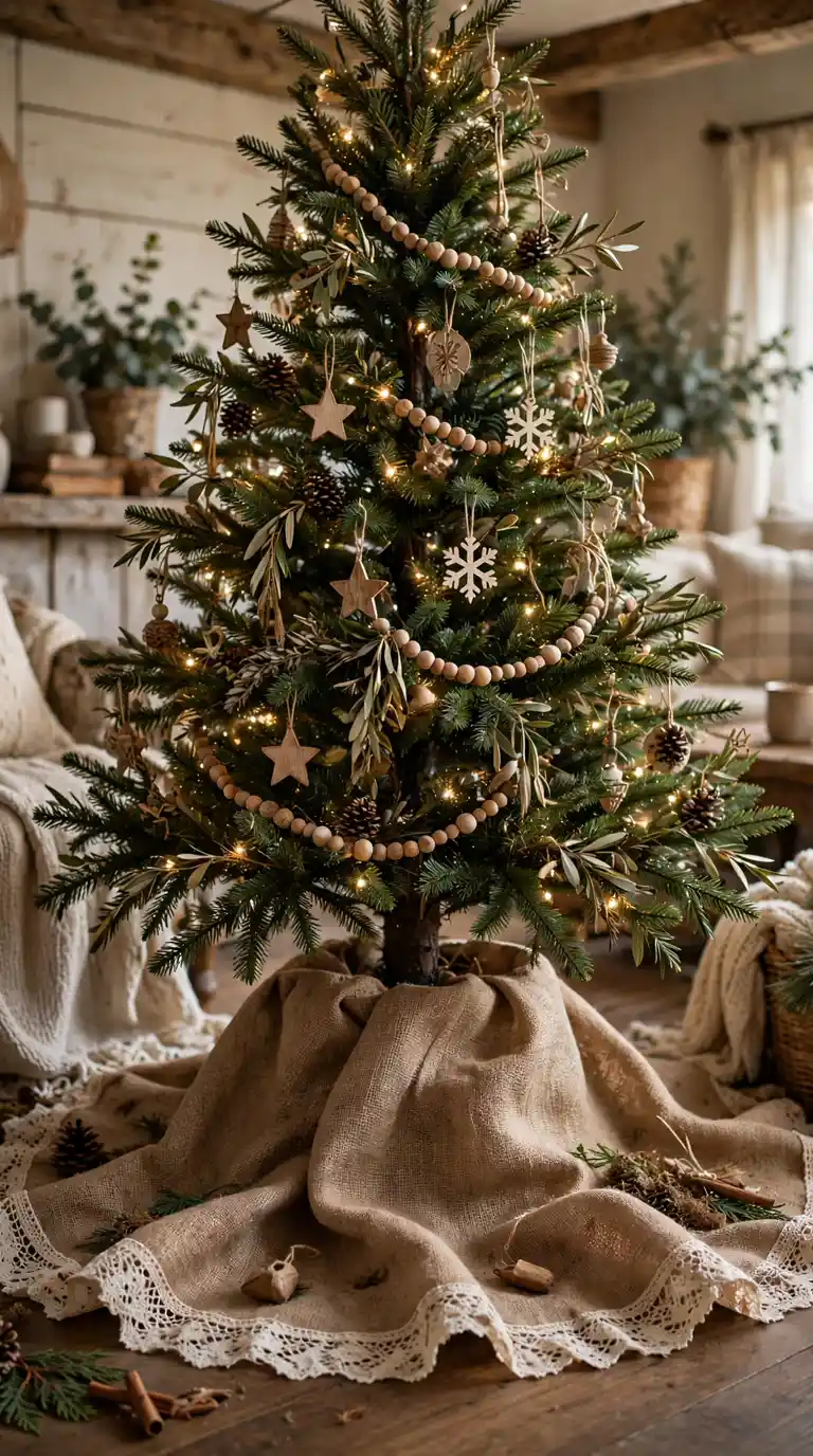 Rustic burlap Christmas tree skirt edged with cream lace, draped naturally around a farmhouse style decorated Christmas tree