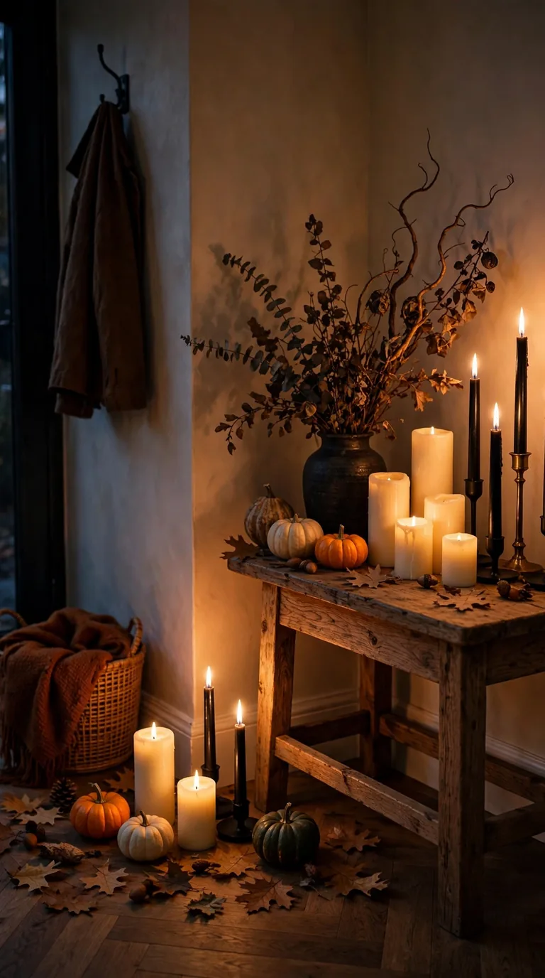Cluster of lit candles glowing in a Halloween entryway