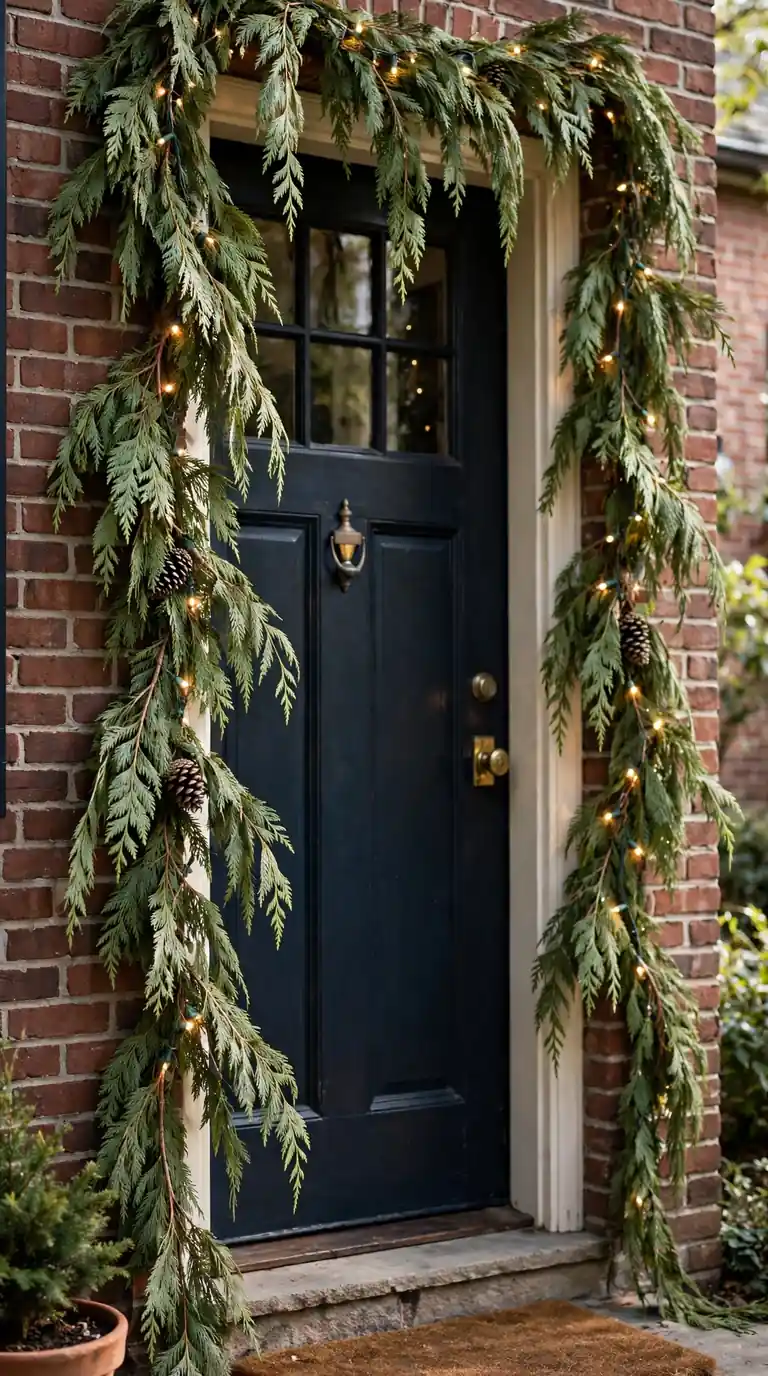 17 Christmas Front Door Decor Ideas That Welcome Guests Warmly Loose cedar garland framing a front door with warm white lights