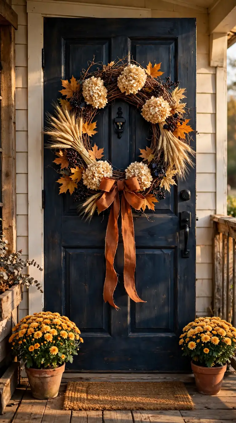 autumn porch decor ideas with a grapevine harvest wreath on a front door