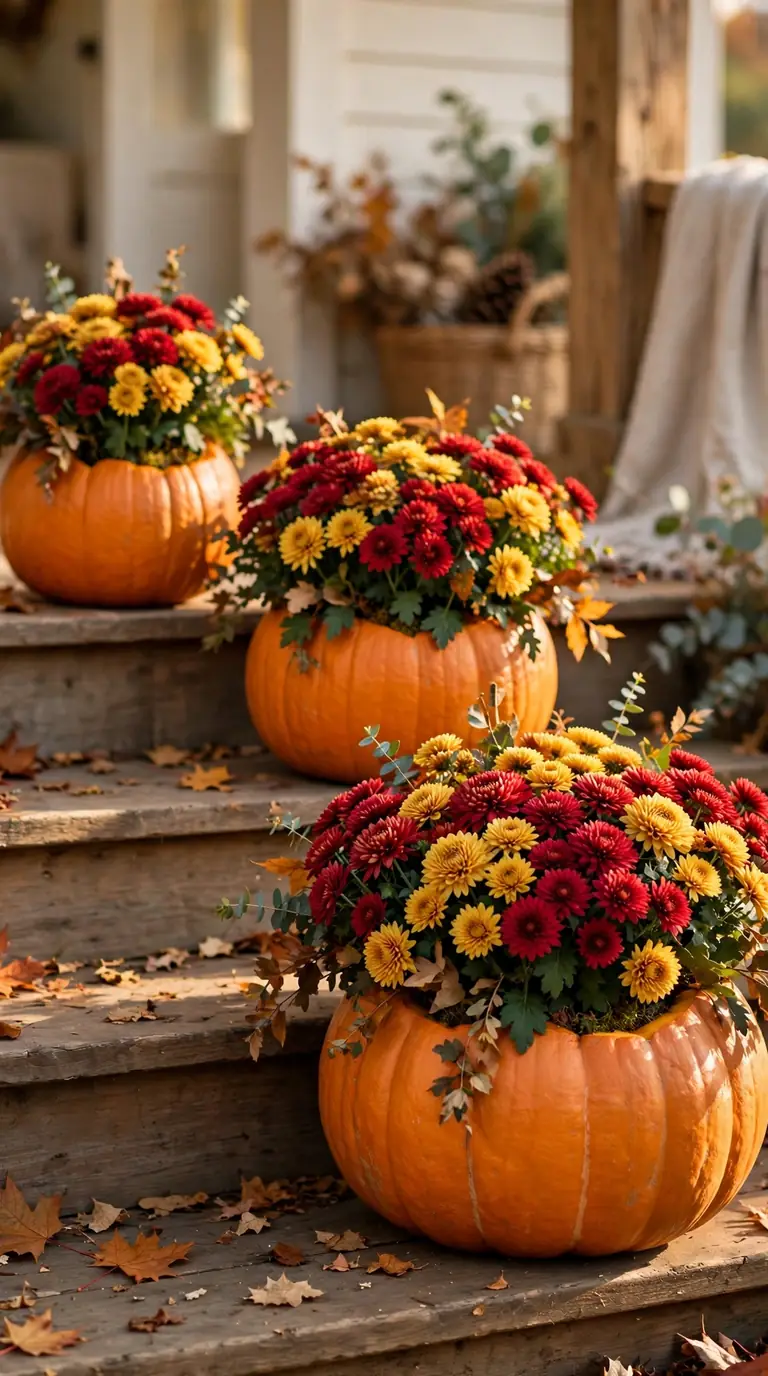 Hollowed orange pumpkin planter filled with red and gold mums on porch steps