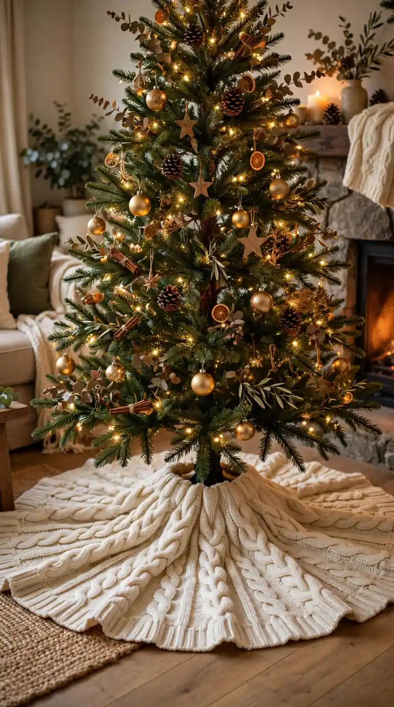 Cream cable-knit sweater style Christmas tree skirt wrapped around the base of a tree beside a glowing fireplace in a cozy room