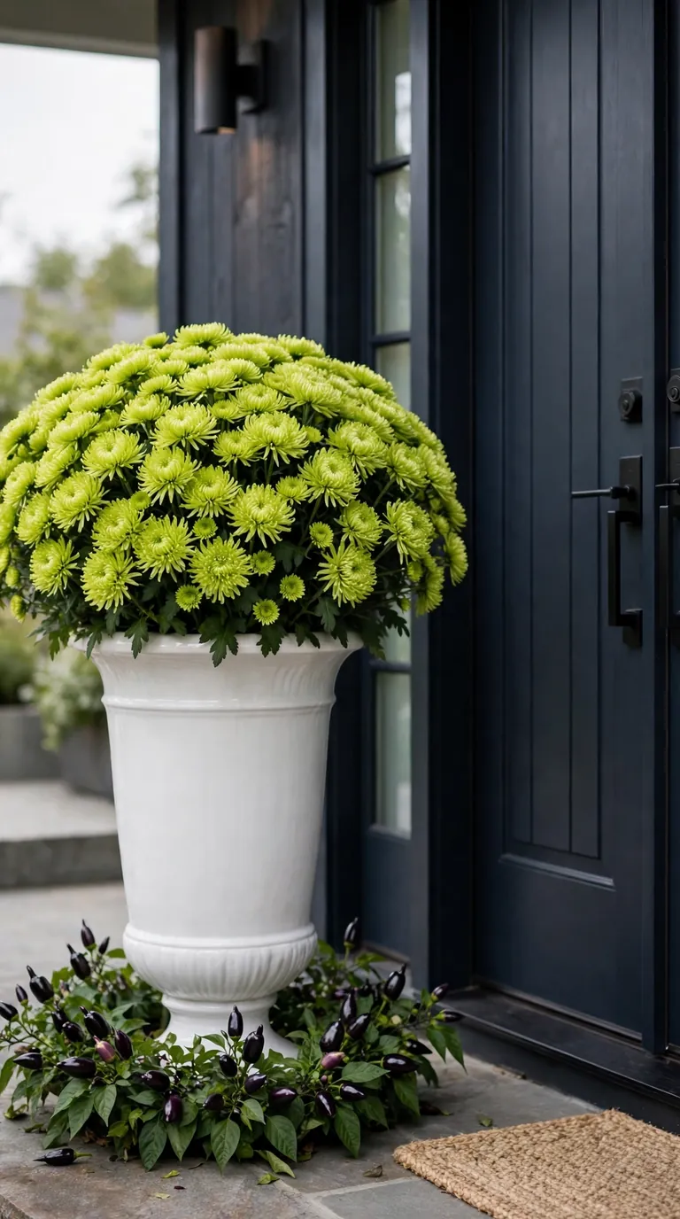 White ceramic urn with lime-green chartreuse chrysanthemums on a porch