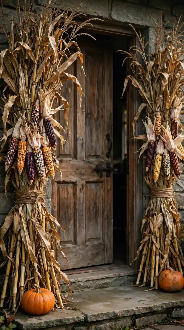 thanksgiving front porch framed with dried corn stalks tied in bundles