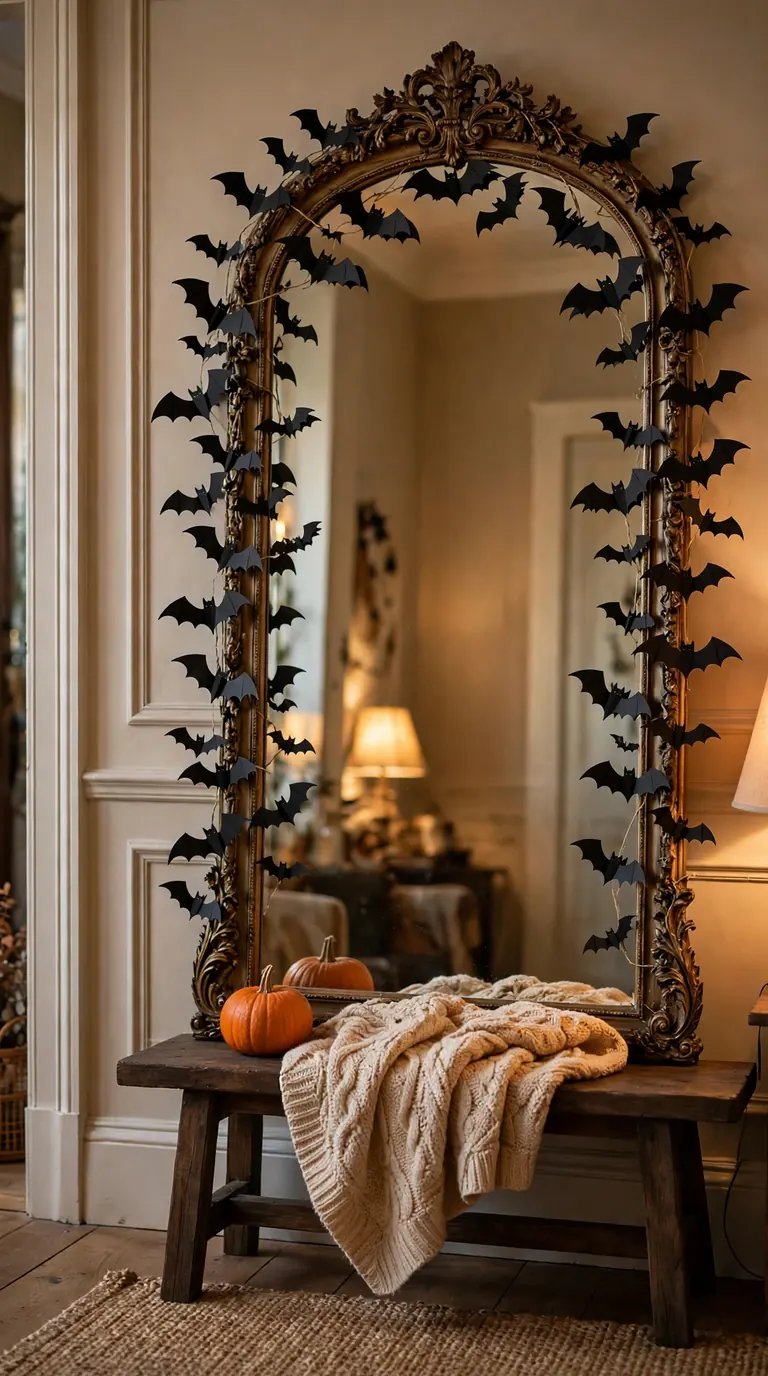 Entryway mirror decorated with black bat garland for Halloween