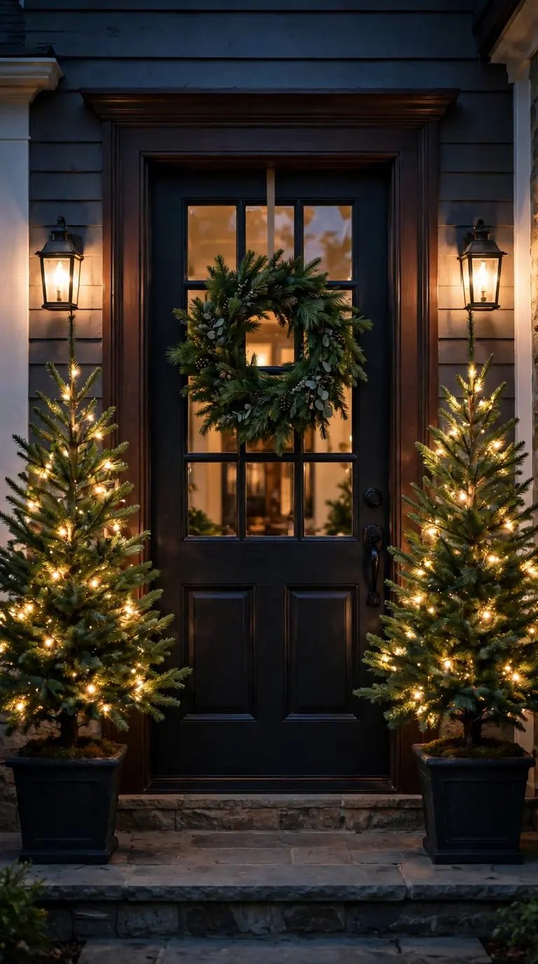 17 Christmas Front Door Decor Ideas That Welcome Guests Warmly Twin potted evergreen trees with lights flanking a Christmas front door