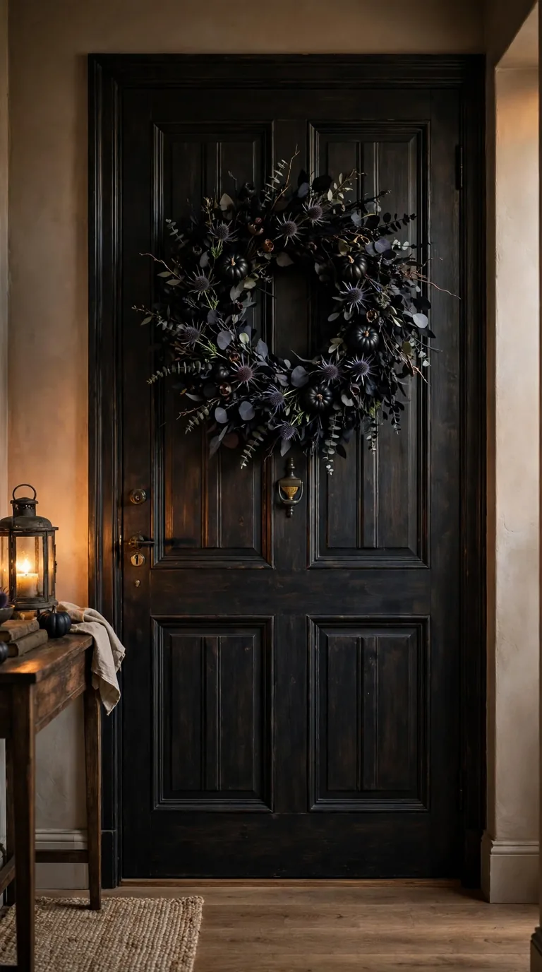 Moody black Halloween wreath on entryway door