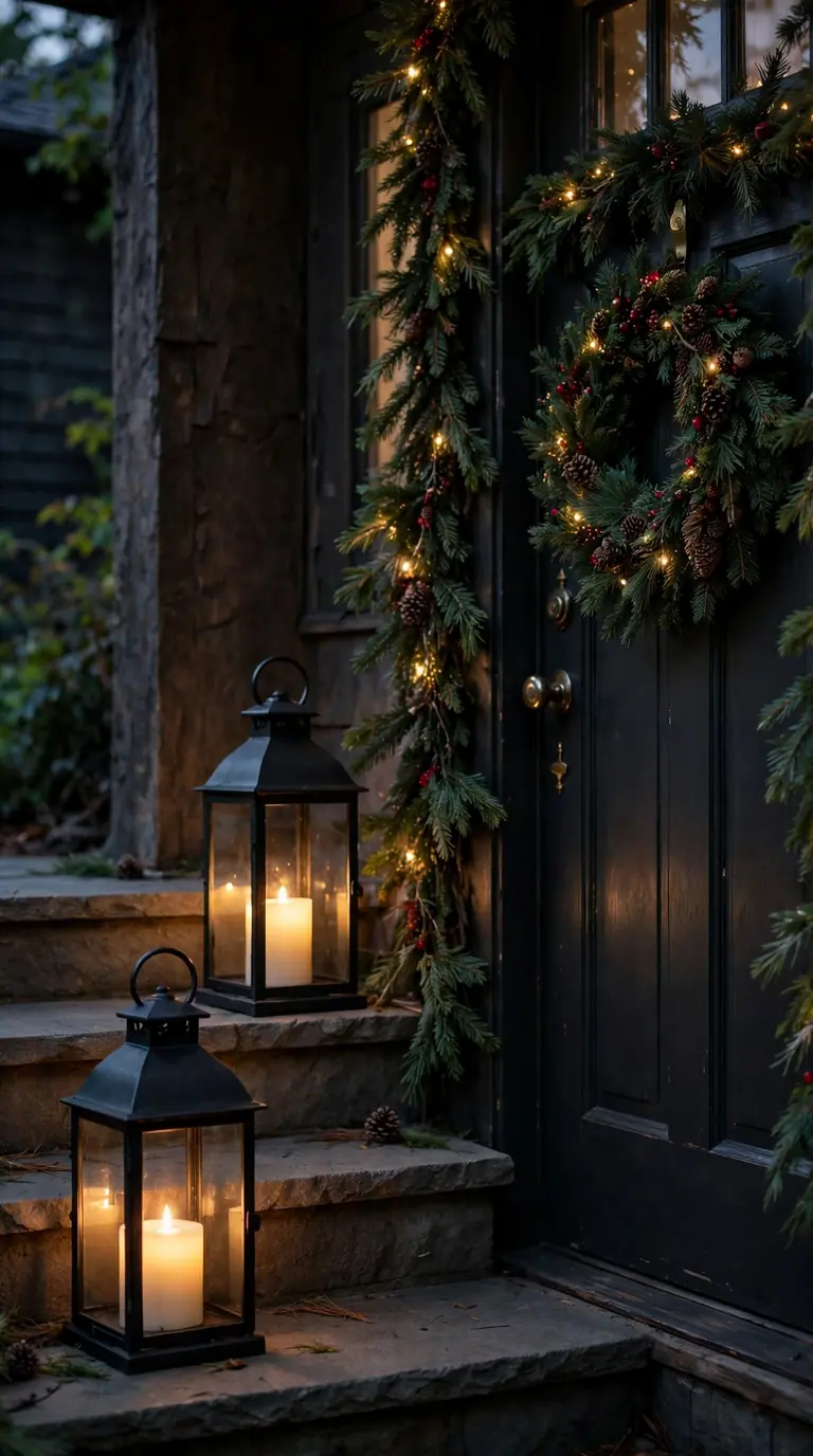 17 Christmas Front Door Decor Ideas That Welcome Guests Warmly Black lanterns with glowing candles on Christmas front steps