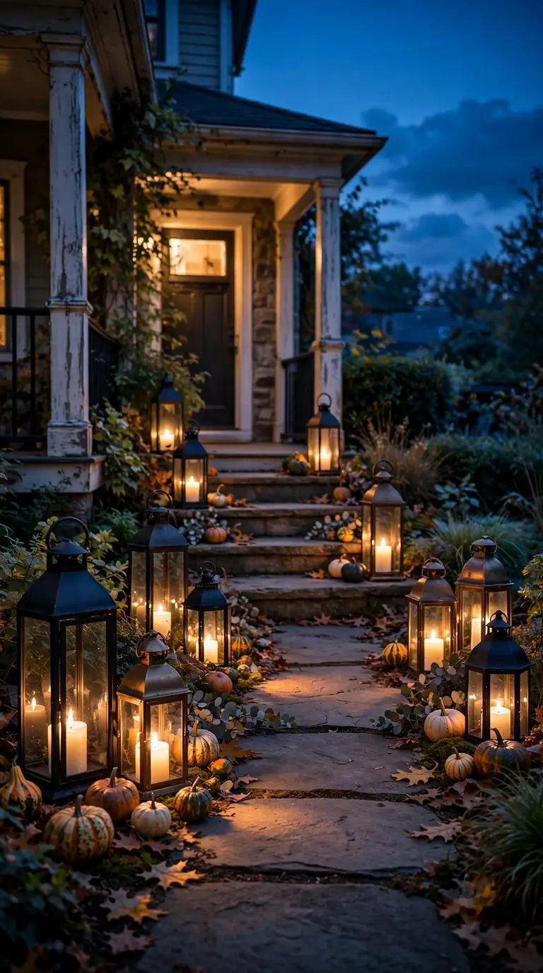 fall porch decorating ideas with glowing lanterns lining the porch steps