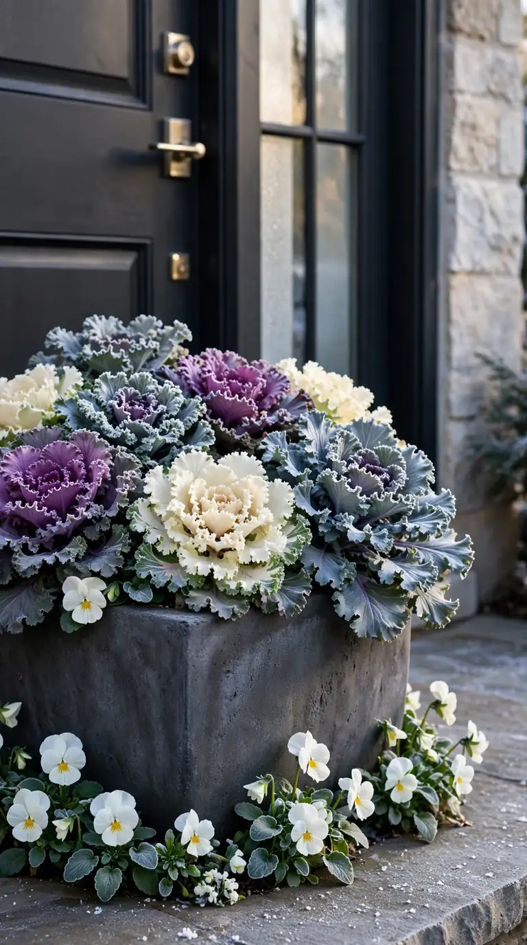 Charcoal planter with purple and cream ornamental kale rosettes by a front door