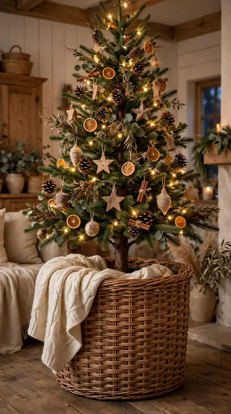 Round woven wicker basket tree collar holding a Christmas tree trunk with a soft cream knit throw draped over its rim