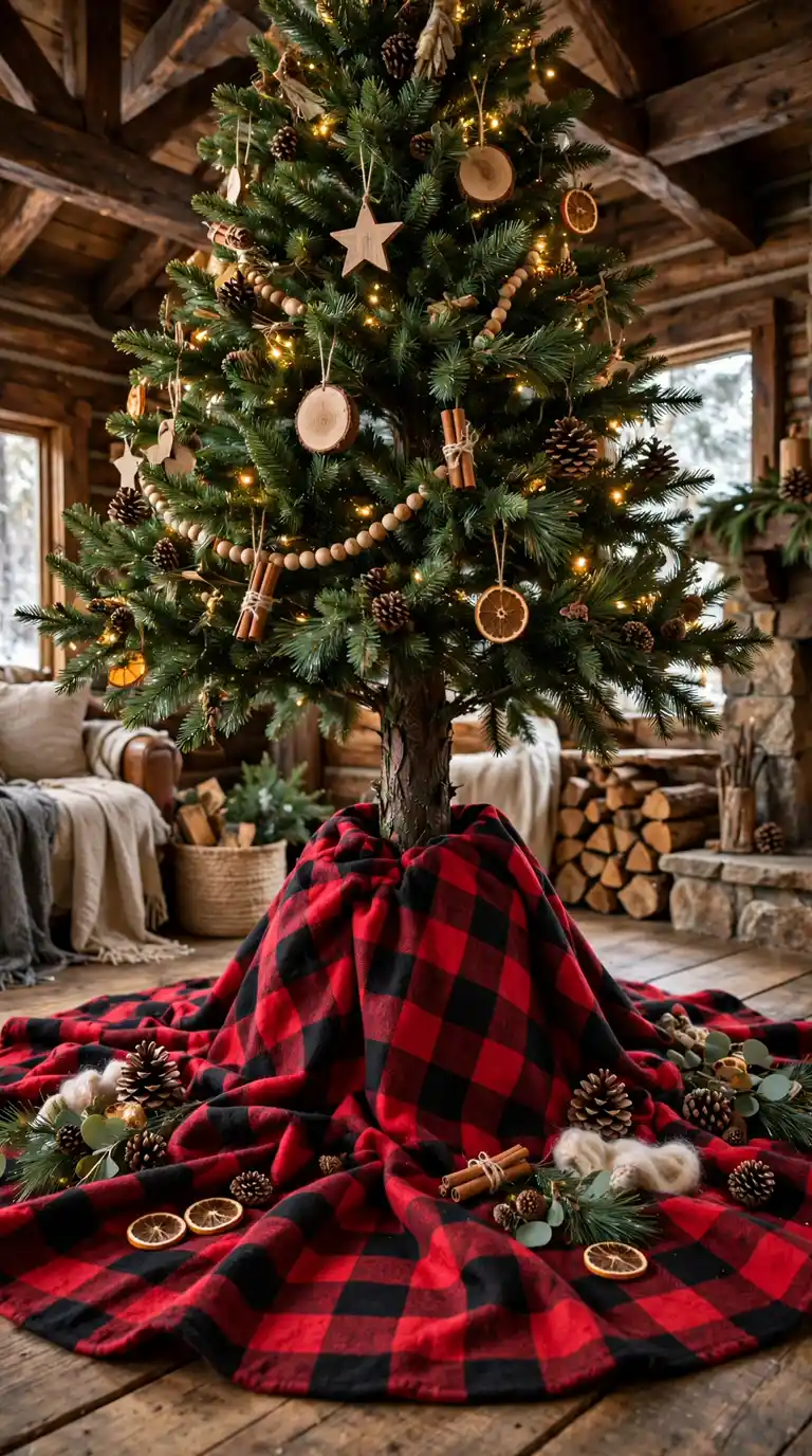 Red and black buffalo plaid Christmas tree skirt gathered in folds around a rustic decorated tree in a cabin style living room