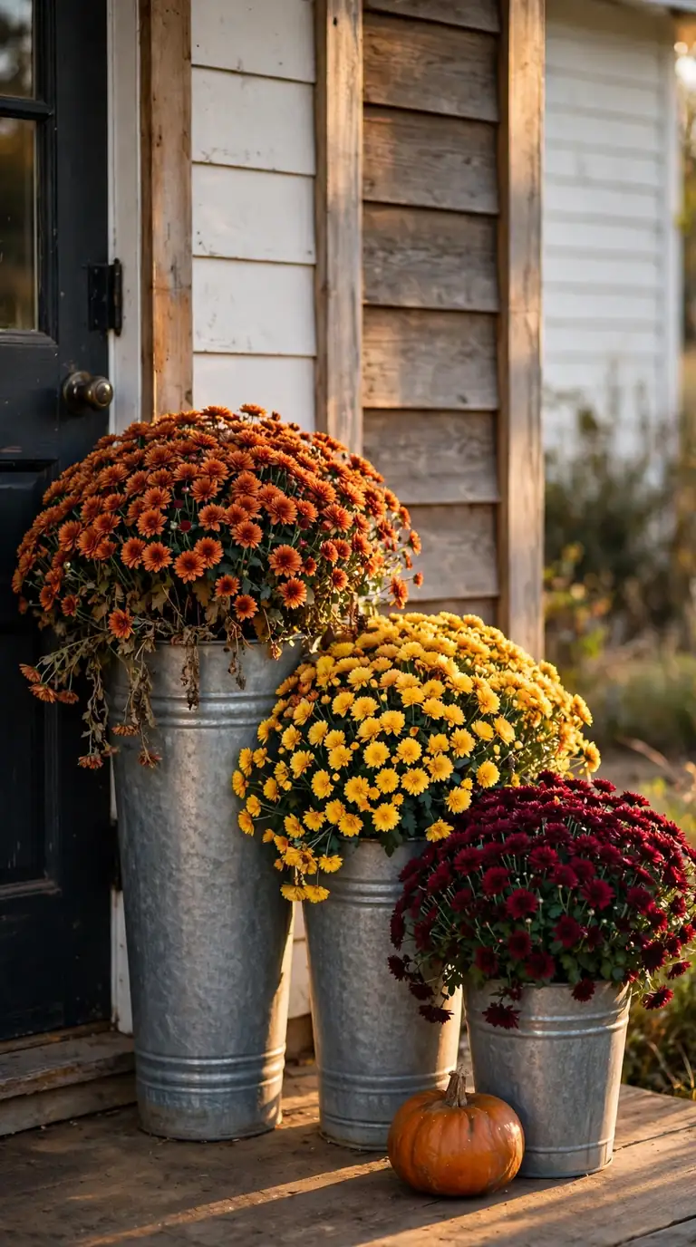 harvest porch decorations with chrysanthemums in galvanised metal buckets