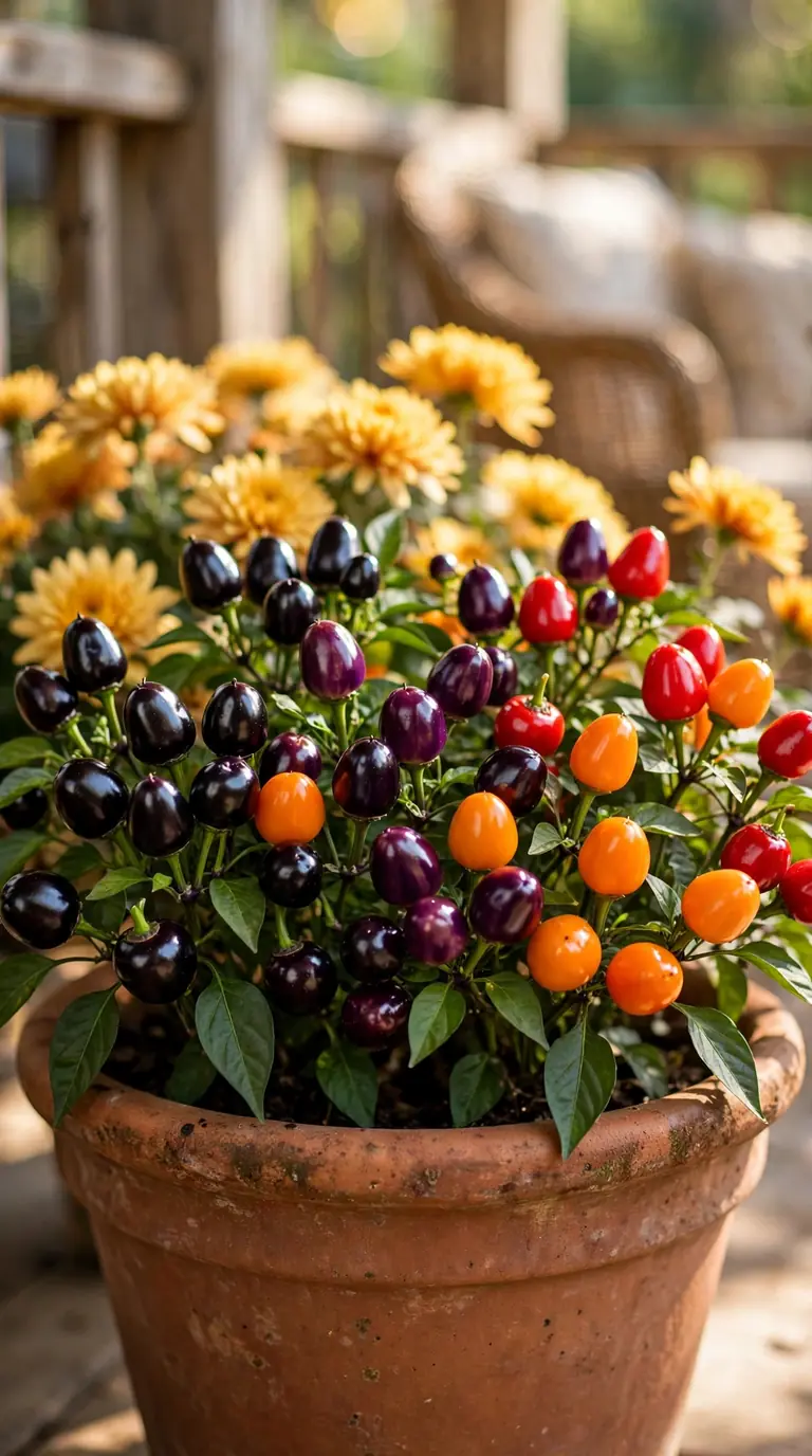 Terracotta planter with colourful ornamental peppers in red, orange and purple