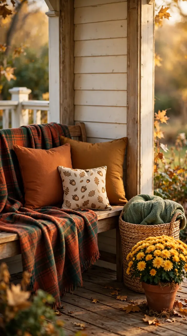 thanksgiving porch decor with a cosy bench styled with plaid throw and cushions