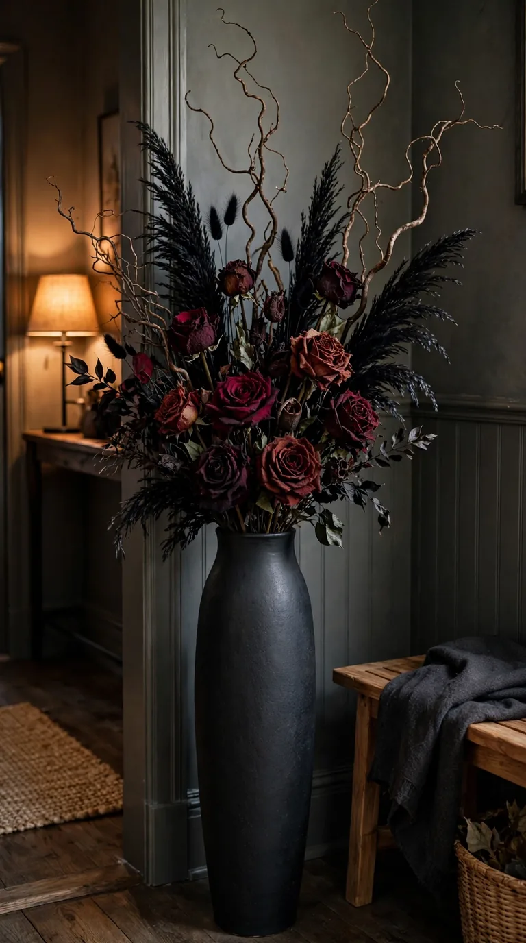 Tall black vase with dark dried flowers for Halloween entryway