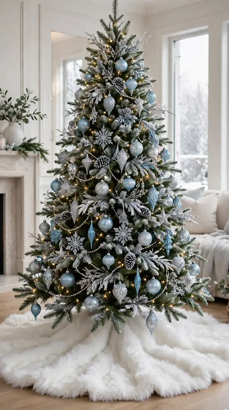 Plush white faux fur Christmas tree skirt like fresh snow spread beneath a tree decorated with silver and icy blue ornaments