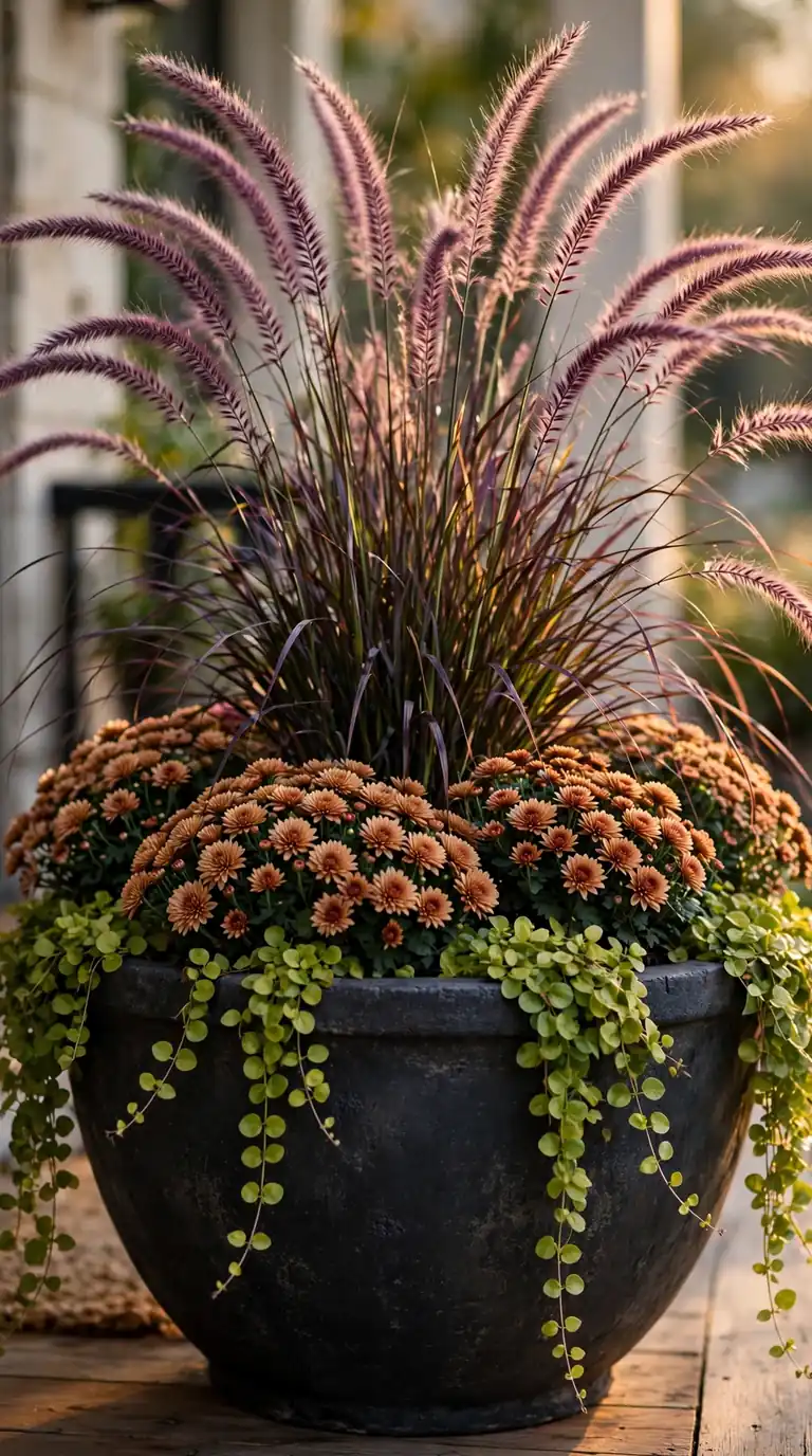 Tall planter with purple fountain grass plumes, mums and trailing vines